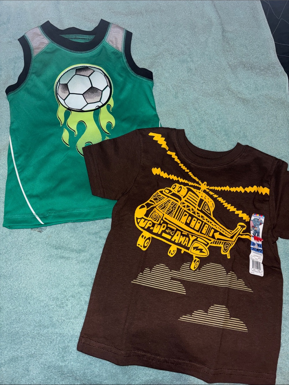 NEW wonder kids Green Soccer Flame Tank & NWT Brown Helicopter Tee Garanimal 3t